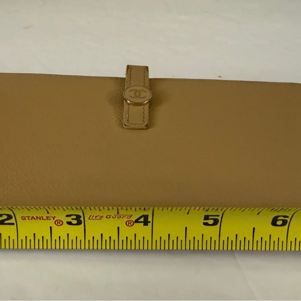 CHANEL Long Wallet Double Sided Snap‎ Button Beige Leather Authentic
